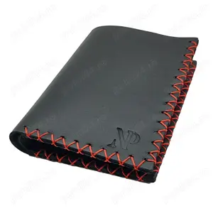 Portofel din piele naturala neagra cu ata rosie