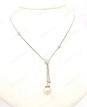 Vand Colier lant aur alb 18k cu pandantiv perla si diamante Nou
