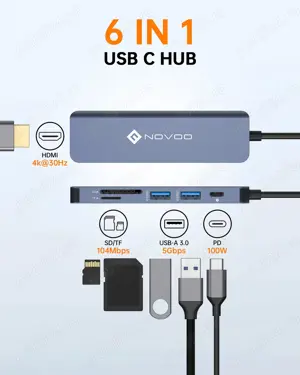 Novoo R6 PD, 6-in-1 USB C Hub, power delivery 100W, HDMI, card reader SD TF