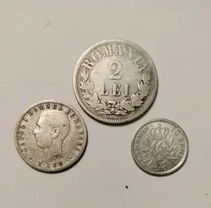 Monede 2 lei 1876 (RARĂ); 1 leu 1906; 50 bani 1910, Carol l, argint 