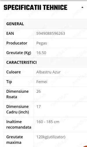 Bicicleta Oras Pegas Strada 2 Albastru Azur - imagine 3