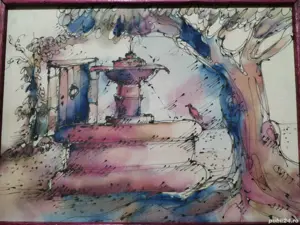 Tablou francez acuarelă pe matase