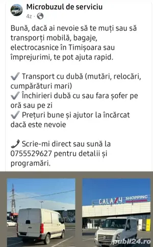 Transport cu duba(mutări,relocări,cumpărături mari), închirieri dubă cu sau fără șofer,prețuri bune
