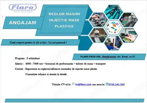 FLARO PROD SA angajeaza: Reglor la masinile de injectie mase plastice