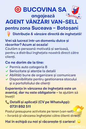 Bucovina SA căutăm Agent vânzări VAN SELL înghețată 