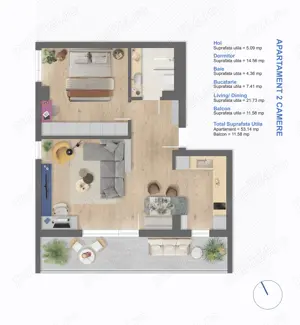 Proprietar * Comision 0% * Aradului * 2 camere * nemobilat * 53 mp + balcon 12 mp - imagine 3