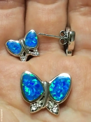 Superb Set-Fluturi-Opal si Cristale albe-in montura din Argint 925-cu tija