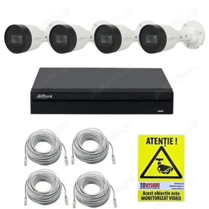 Kit IP Dahua 4 camere 4MP IR 30m PoE, NVR 4 canale PoE 12MP, cabluri + autocolant Rovision