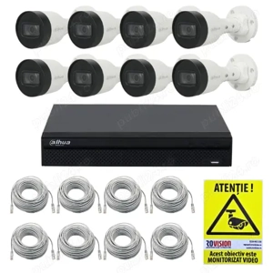 Kit IP Dahua 8 camere 2MP IR 30m PoE, NVR 8 canale PoE 8MP, cabluri + Autocolant Rovision
