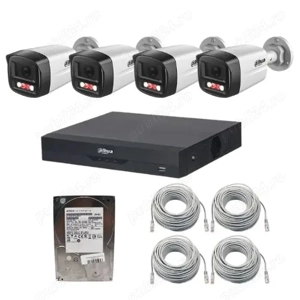 Sistem supraveghere IP Dahua, 4 camere 2MP Dual Light IR 30m, PoE, microfon, NVR 4 canale 16MP WizSe