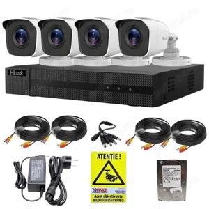 Sistem supraveghere HiLook 4 camere exterior Full HD 2MP infrarosu 20m IP66, DVR 4 canale 2MP, acces