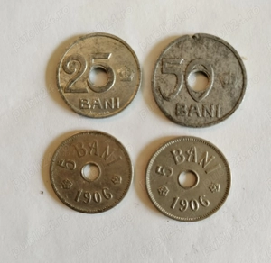 Monede  25 bani, 50 bani 1921 Ferdinand l; 5 bani 1906 și 1906J Carol l 