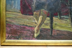 Pictura Tablou Ulei  Panza P. KOVACS - Femeie pe scaun interior casa - imagine 2