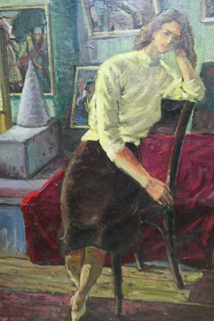 Pictura Tablou Ulei  Panza P. KOVACS - Femeie pe scaun interior casa - imagine 3