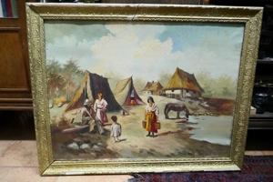 Tablou Naiv - Peisaj  Scena cu Nomazi la Corturi Ulei  Panza 70 50cm  Rama - necesita