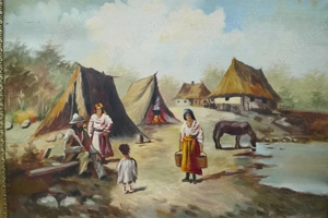 Tablou Naiv - Peisaj  Scena cu Nomazi la Corturi Ulei  Panza 70 50cm  Rama - necesita - imagine 2