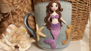 Cana handmade cadou pentru fetite cu figurina sirena din fimo