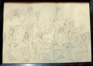 Constantin Piliuta - La Carciuma - Dimensiuni 41 31cm GRAFICA Tus Semnat Rama lemn + Sticla protecti