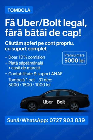 Șofer Uber Bolt în Timișoara 8000lei   Venituri bune și flexibilitate totală!