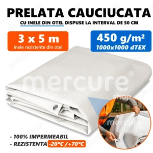 Prelata 3 x 5 m, alb, cauciucata, cu inele, 450 g
