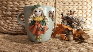 Cadou pentru sotie iubita cana papusa toamna fimo - imagine 5