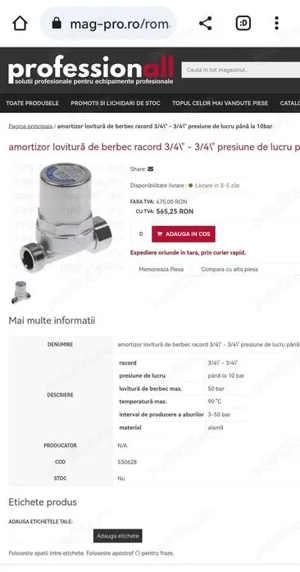 Amortizor lovitura berbec instalații sanitare CALEFFI original, nou, bon de casă 