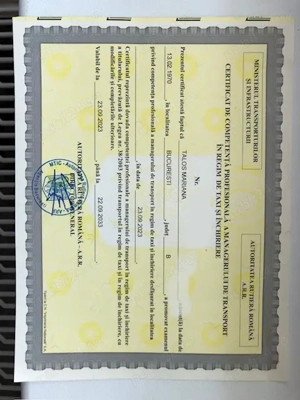 certificat de competenta profesionala (Manager Transport in Regim de Taxi si Inchiriere)