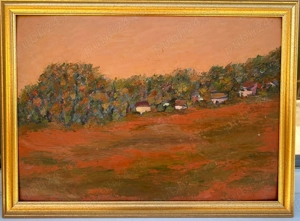 Tablou pictor roman Peisaj bucovinean Toamna la Adâncata pictura ulei inramata 41x55 cm