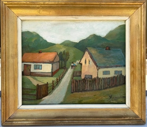 Mircea Popescu Tablou Arta Naivă Peisaj Bucovinean La munca Campului, pictura ulei inramata 44x51cm