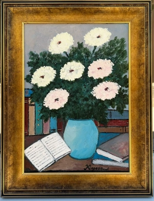 Mircea Popescu Tablou Natură Statică Vas cu Flori Crizanteme , pictura inramata 35x45cm