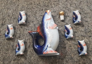 Carafa Ceramica cu Dop si 6 Canute - Vintage