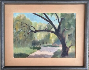 Traian Sfintescu Tablou Peisaj interbelic bucureștean  Alee în Cismigiu , pictura ulei 