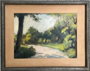 Traian Sfintescu (1905-1959) Tablou Peisaj interbelic bucureștean  In Cismigiu pe banca  pictura