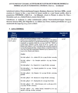 Anunt vanzare bunuri mobile si imobile - Upetrom 1 Mai S.A. - in faliment