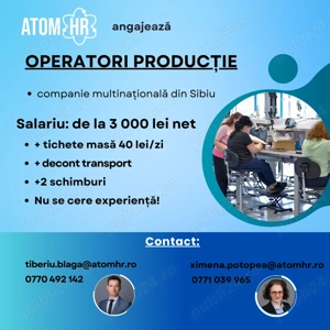 ATOM HR recrutează pentru companii de producție din Sibiu!