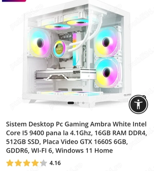 Sistem Desktop Pc Gaming Ambra White Intel Core 15 9400 pana la 4.1Ghz, 16GB RAM DDR4, 512GB SSD, Pl