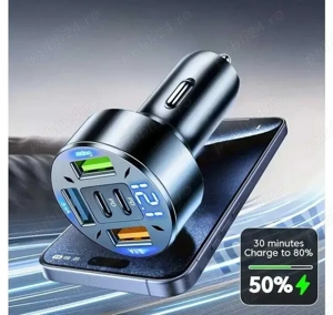 incarcatoare auto super fast charge 66w usb + type c , voltmetru afisaj tensiune baterie masina 