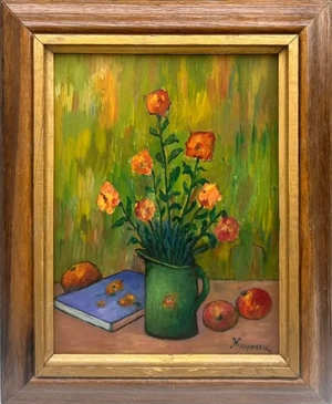 Mircea Popescu Tablou Natură Statică cu Flori Roșii  pictura ulei inramata 43x53cm