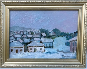 Mircea Popescu Tablou Peisaj Bucovinean de Iarnă pictura ulei inramata 34x43cm - imagine 3