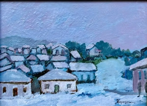 Mircea Popescu Tablou Peisaj Bucovinean de Iarnă pictura ulei inramata 34x43cm - imagine 2