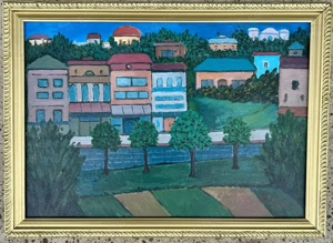 Mircea Popescu Tablou Peisaj Citadin Mediteranean de vară, pictura ulei inramata 40x55 cm