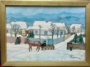 Tablou în stil Artă Naivă Peisaj din Satul Bucovinean Iarna pictura inramata 41x56cm