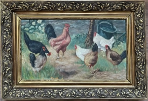 Tablou anii 30-40 Peisaj Rural  In ograda cu găini , pictura ulei inramata 41x60 cm