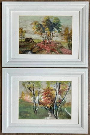 Set 2 Tablouri anii 40 Peisaje rustice de vară, pictură în acuarele inramata 26x35cm