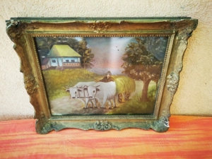 Vechi tablou taranesc pictura arta naiva Carul cu boi