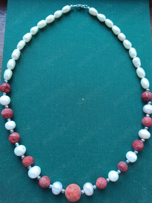 Vând colier unicat, coral roșu brut, perle de cultură si argint, 44 cm lungime. - imagine 2