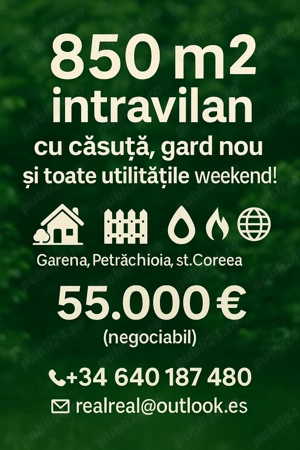Se vinde teren intravilan 850 m  cu gard nou + căsuță practică (cameră, baie, bucătărie)
