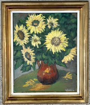 Mircea Popescu Tablou Natura Statică Vas cu Floarea Soarelui , pictura ulei inramata 46x55 cm