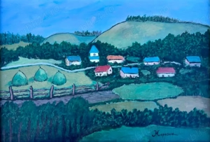 Mircea Popescu Tablou Peisaj Satul Bucovinean pictura ulei inramata 43x58cm - imagine 2