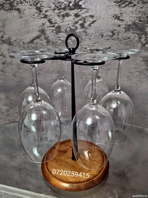 Suport rotativ pentru 6 Pahare de vin, din Metal + Baza din Lemn, 35cm - imagine 7
